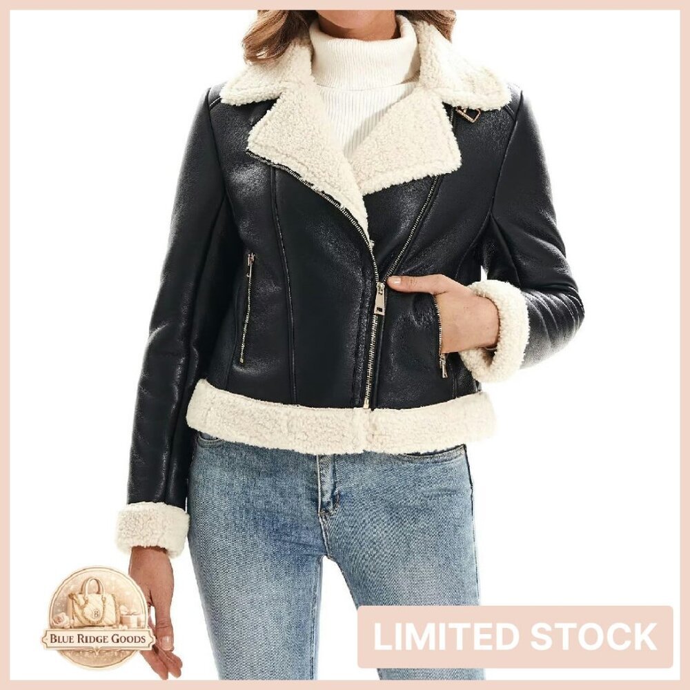 Faux Leather Fur Lined Jacket Cropped Aviator Style Winter Coat Chic